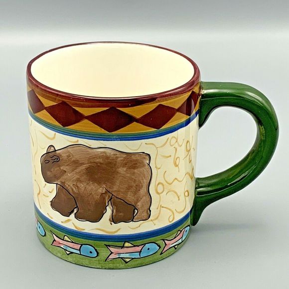 Caribou Coffee Oversize Mug Bear Fish Lakehouse decor Hand painted in China - Picture 2 of 6
